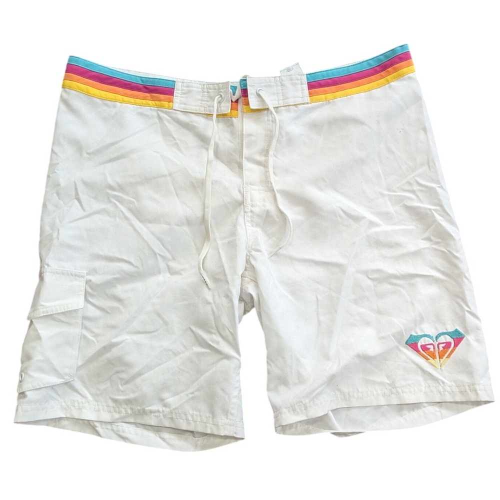 ROXY White Y2K Rainbow Striped Trim Board Shorts Juniors Sz 11/L Surf Swim Cargo